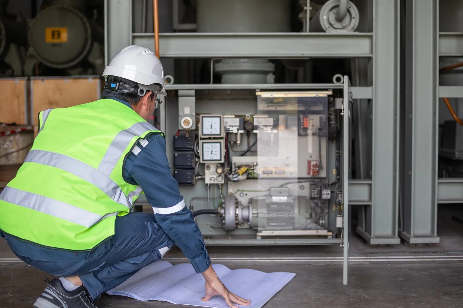 Electrical contractor reviewing electrical systems in the field